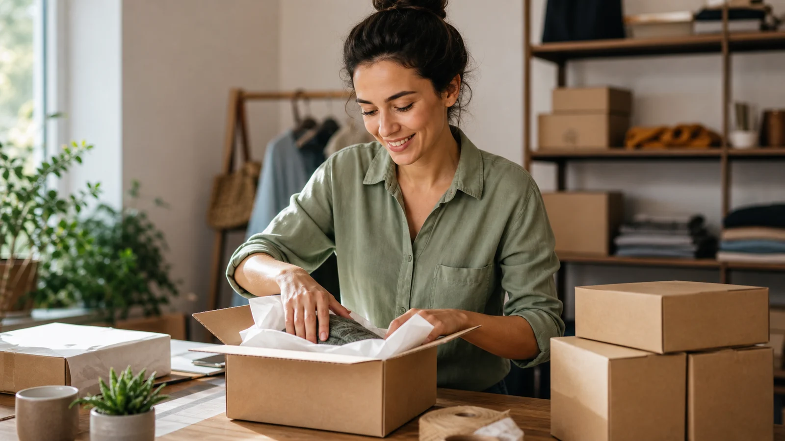 Küçük işletme sahibi ürün paketlerini hazırlıyor