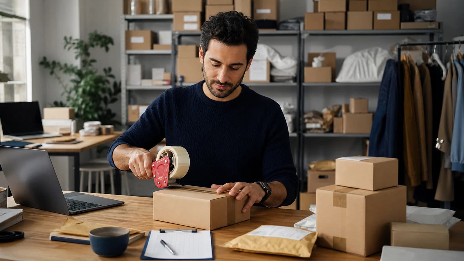 E-ticaret satıcısı depoda sipariş paketliyor